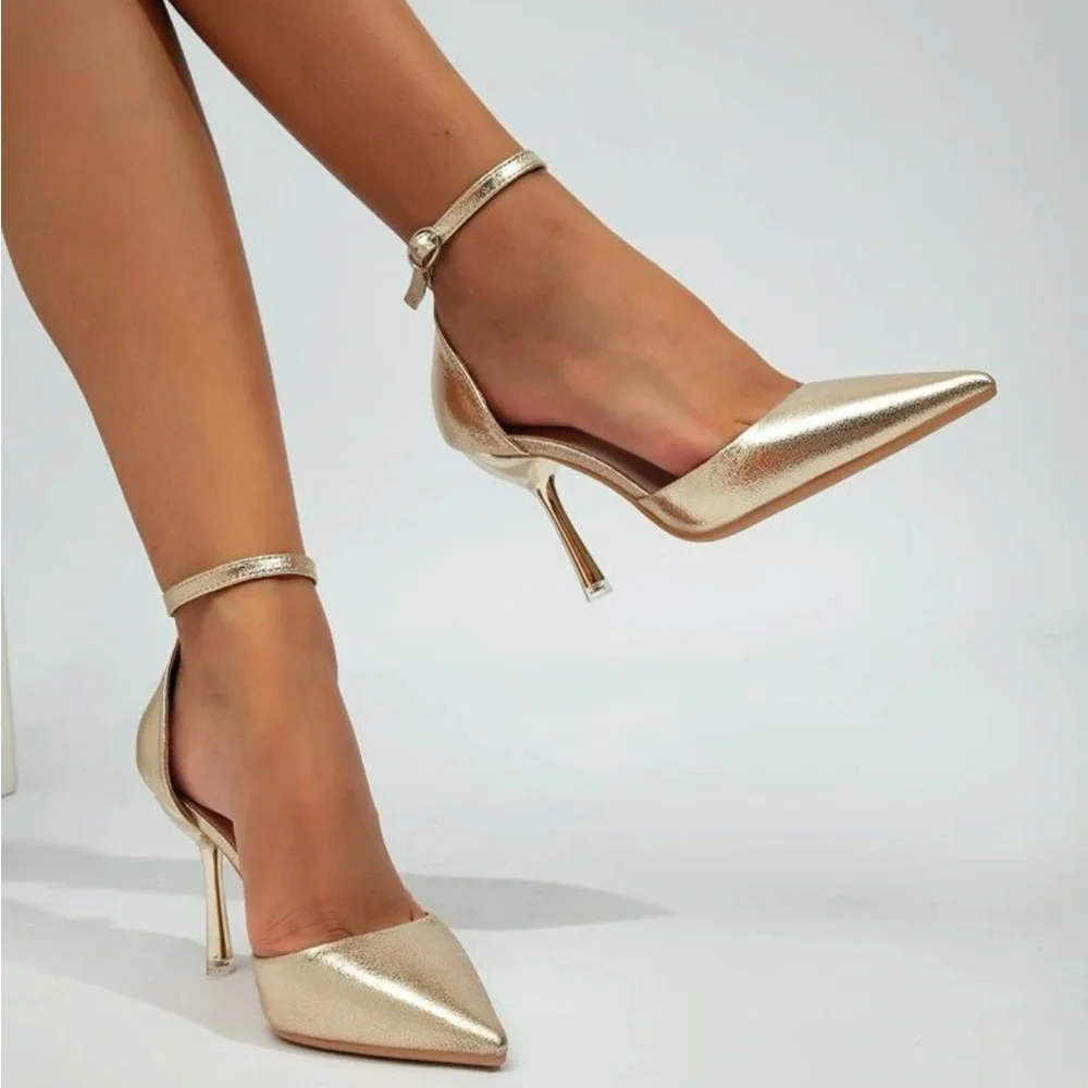 Gold Metallic Point Toe Ankle Strap stiletto Pumps - Picture 1 of 3